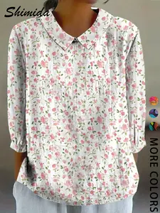 Women's Vintage Patterned Shirt, Casual Vacation Daily Wear, Fitted Seven-Quarter Sleeve Blouse, All Seasons Fashion