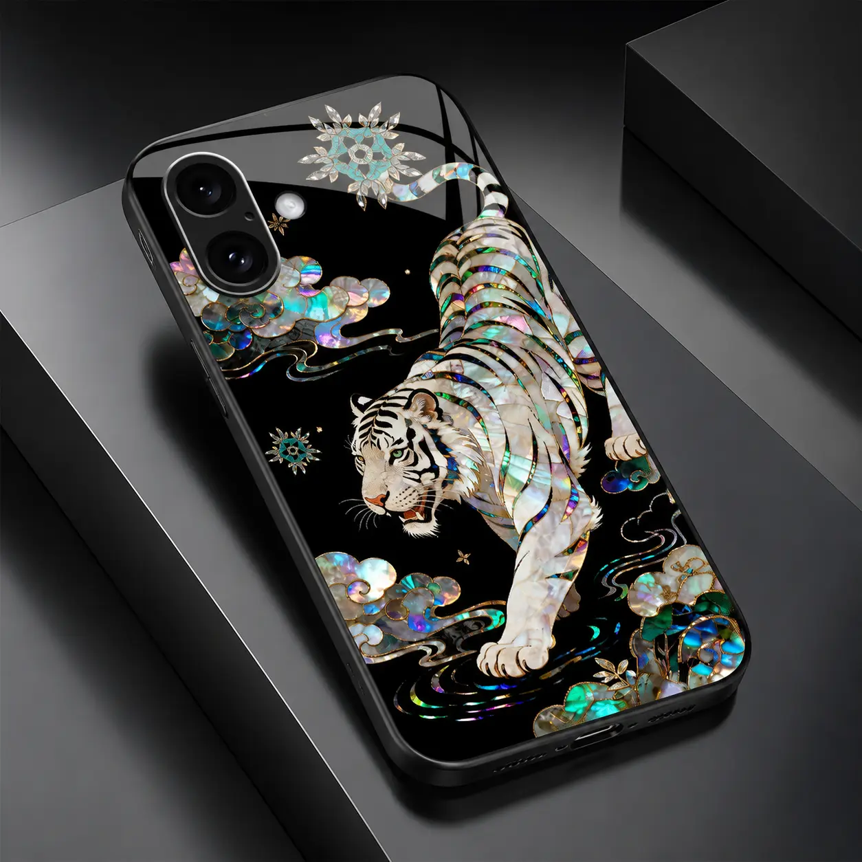 Luxury mother of pearl case with gold foil and mythical dragon design, iridescent holographic cover for iPhone 17/16/15/14/13 Pro Max and Samsung S26/S25/S24 — 975