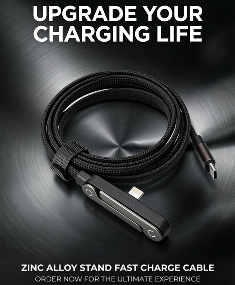 2-in-1 Invisible Phone Stand & Charging Cable, 240W Super Fast Charging Type-C Cable, Portable Hidden Holder Cord for Gaming Office Car Travel, Black Universal Cell Phone Accessory