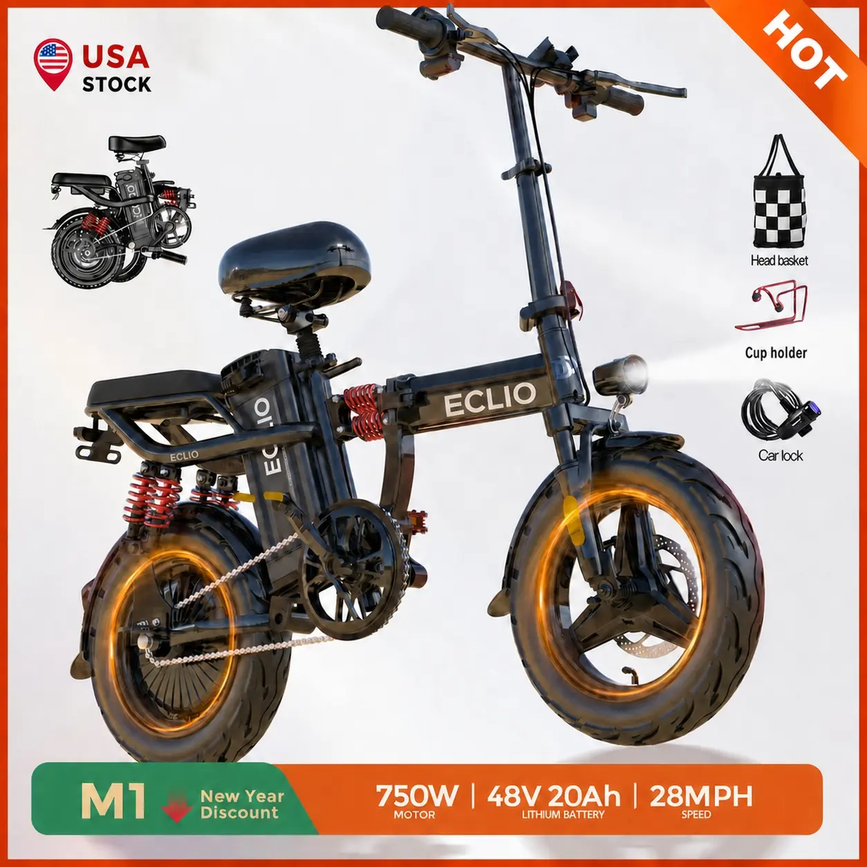 ECLIO M1  Budget Electric Bike for Adults,28MPH And High-performance Folding Ebike with Rearview Mirror, 11 Spring Shock Absorbers and Removable Battery,14-inch Tires, Commuting E-Bike With Basket.Cheap Ebike for gift.bicicleta electrica