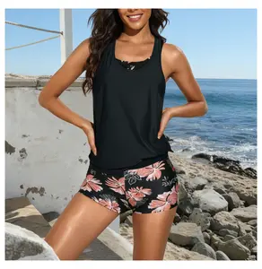 Tankini Swimsuit for Women - Black Racerback Tank Top with Pink Floral Boy Shorts - Tummy Control Bathing Suit - Beach Pool Swimwear - Adjustable Straps