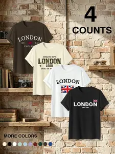 Men's Short-Sleeve T-Shirts Multipack - "LONDON" Text & UK Flag Graphic Apparel, Vintage City & Athletic Dept Designs, British Retro Style, Comfortable Relaxed Fit, Daily Urban Outings, Travel Adventures & Casual Gatherings, Stylish Tees for City Lovers,