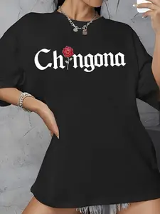 Floral & Letter Print Drop Shoulder Crewneck Jersey Tee, Casual Comfort Half Sleeve Round Neck Tshirt, Graphic Tees, Summer Outfits, Lady Streetwear T Shirts Top for Daily Wear