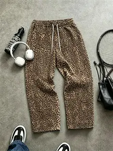 Men's American Street Leopard Print Sweatpants, Soft High-Elastic Fabric, Drawstring Design, Loose Comfort Fit, Trendy Camo Long Pants