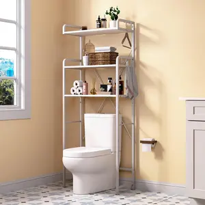 Over The Toilet Storage Rack with 3-Tier Bathroom Shelves, Space Saver Toilet Shelf, Bathroom Storage Organizer with Hooks for Over Toilet Storage and Shelf (White)