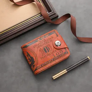 Men's stylish retro PU leather wallet with magnetic button, card slots and cash compartment, realistic pattern of $100 bills, short folding men's wallet, multiple card slots and ID card slot design, suitable for Father's Day and birthday gifts