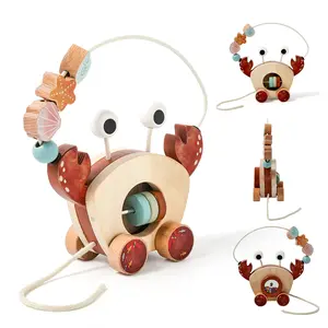 Crab Pull Along Toy for Toddlers 1-3, Wooden Bead Maze Montessori Toys, Roller Coaster Circle Sensory and Learning Activity Cube, Baby Learning Toy for Beginner Walkers New Year Gifts
