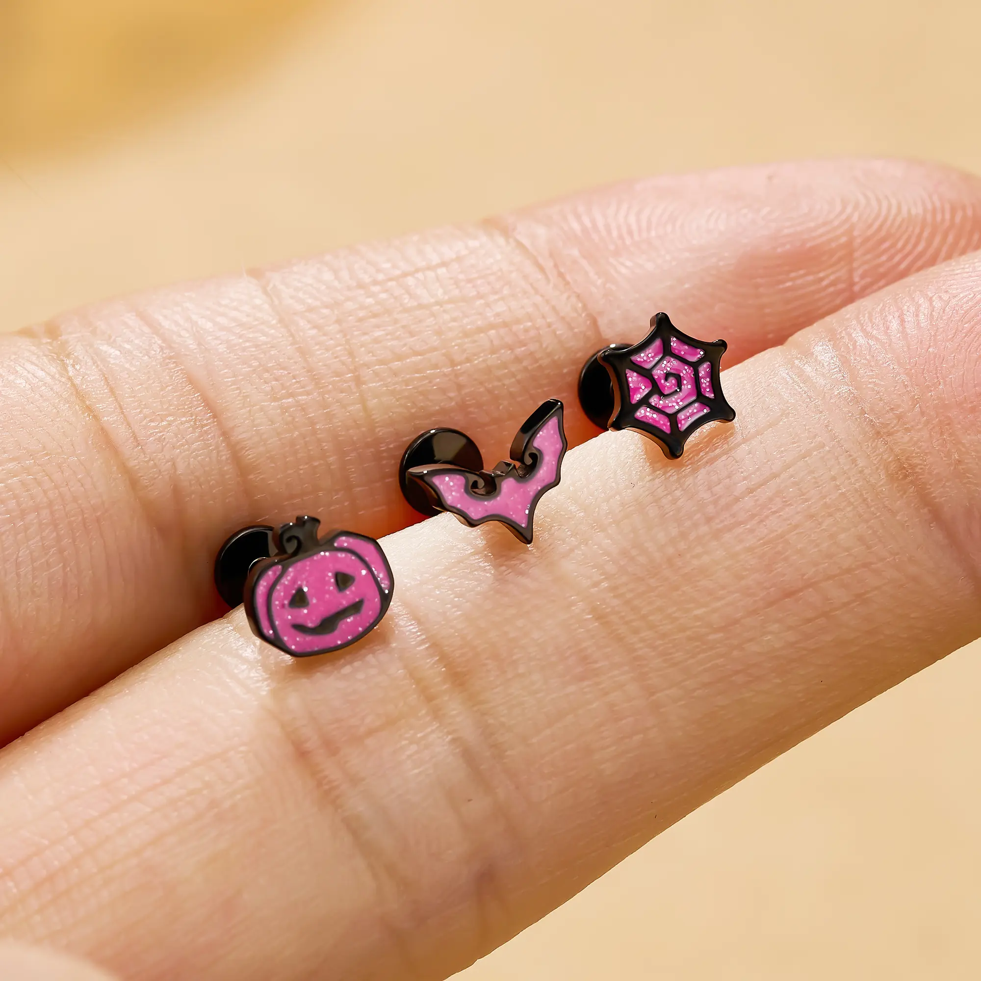 OUFER 16G Halloween Pink Glitter 3PCS Internally Threaded Helix Earring Studs