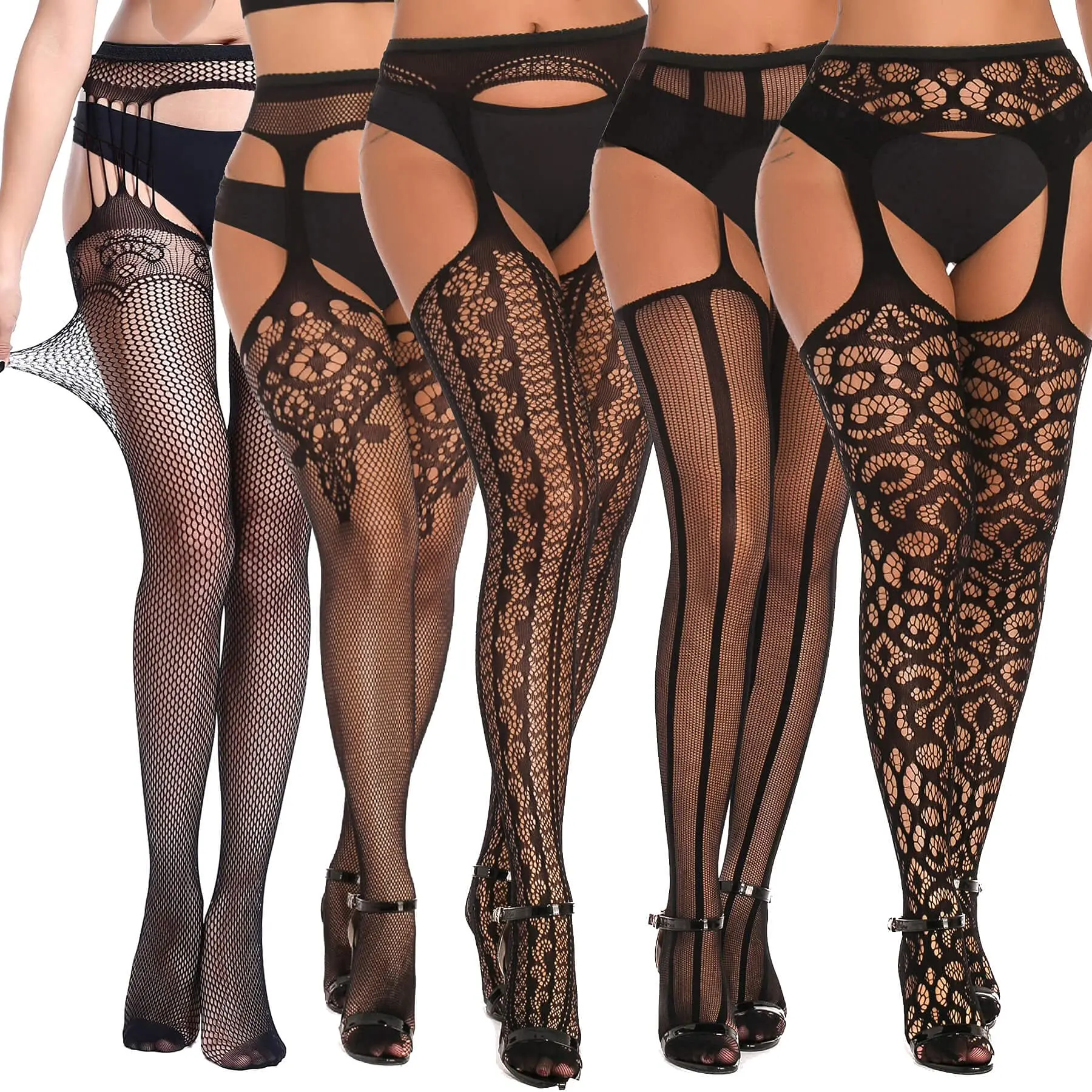SOUTHRO 4 Pairs Fishnet Thigh High Garter Stockings Patterned Tights for Women,Garter Belt Set & Suspender Pantyhose for Girl