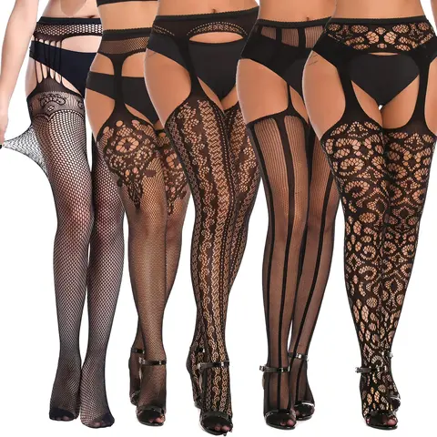 SOUTHRO 4 Pairs Fishnet Thigh High Garter Stockings Patterned Tights for Women,Garter Belt Set & Suspender Pantyhose for Girl