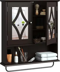 Bathroom Medicine Cabinet with Mirror Vanity Wall-Mounted Storage Cabinet with Adjustable Shelves and Towel Bar Bathroom Wall Cabinet Laundry Room Living Room Use Brown