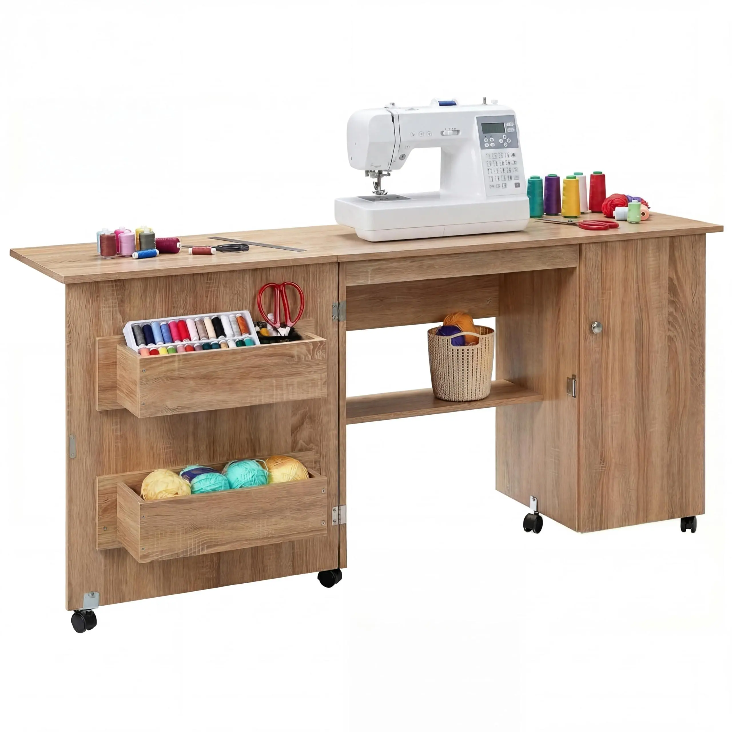 63" x 19" x 29.5" Folding Sewing  with Storage, Large Sewing Machine  with Shelves & Lockable Wheels, Multi-Functional Craft Desk Sewing Cabinet with Compact Design all-weather wicker mixed brown indoor-outdoor use fire pit metal table ground cover