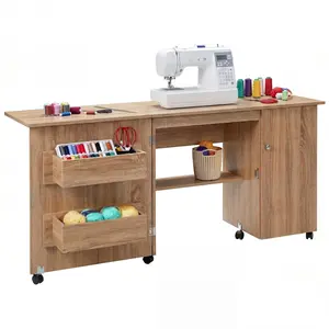 GAOMON 63" x 19" x 29.5" Folding Sewing Table with Storage, Large Sewing Machine Table with Shelves & Lockable Wheels, Multi-Functional Craft Desk Sewing Cabinet with Compact Design