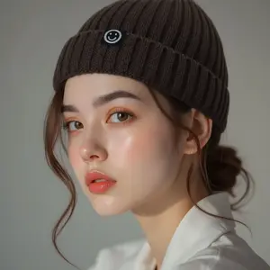 Smiley Face Knit Beanie, Unisex Casual All-Season Hat, Soft Elastic Ribbed Design, Cute Embroidered Smiley, Plain Color Trimmed Edge