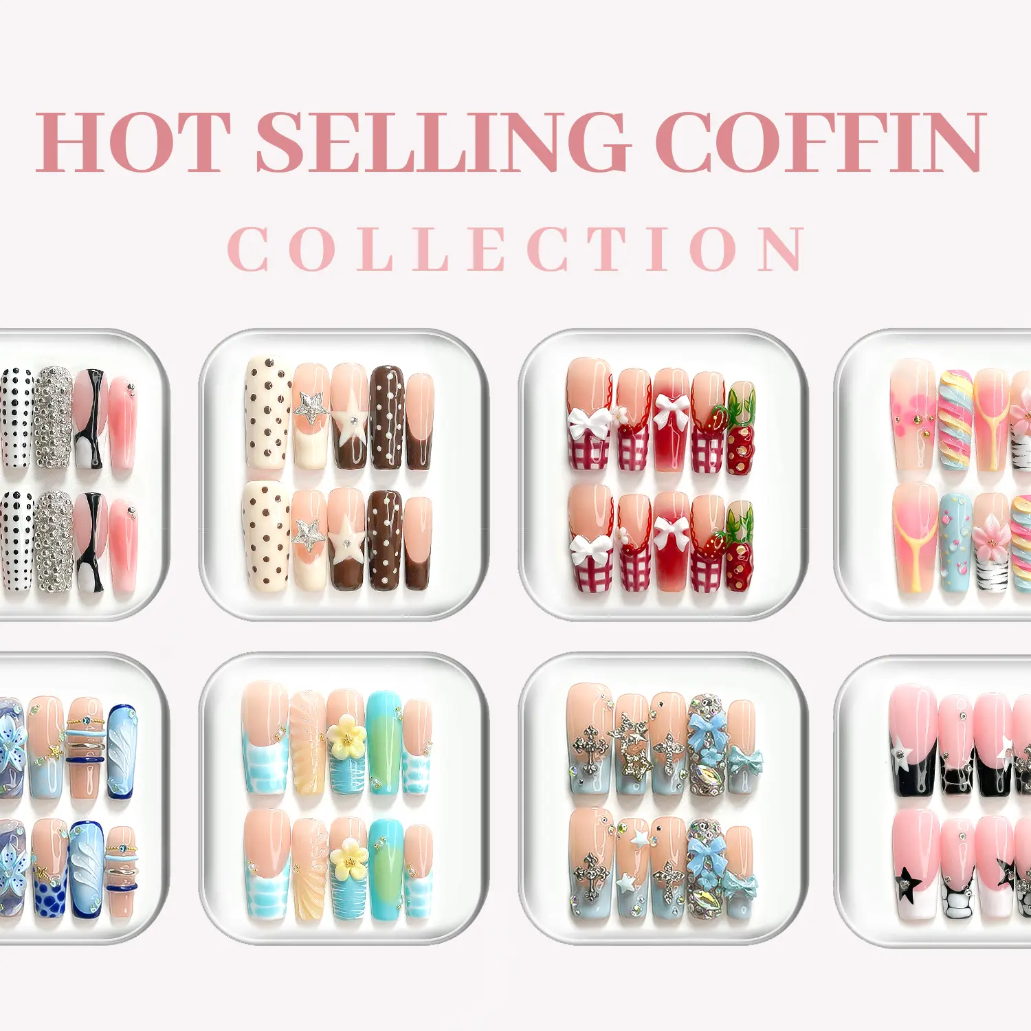 CuraTique Hot Selling Coffin Press On Nails | 10PCS Reusable 3D Handmade Gel Nails, 2026 Spring Summer Trendy Nail Art for Prom