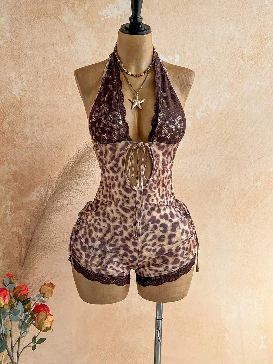 IYUNA Women's Lace Leopard Print Halter Neck Casual Daily Outing Romper