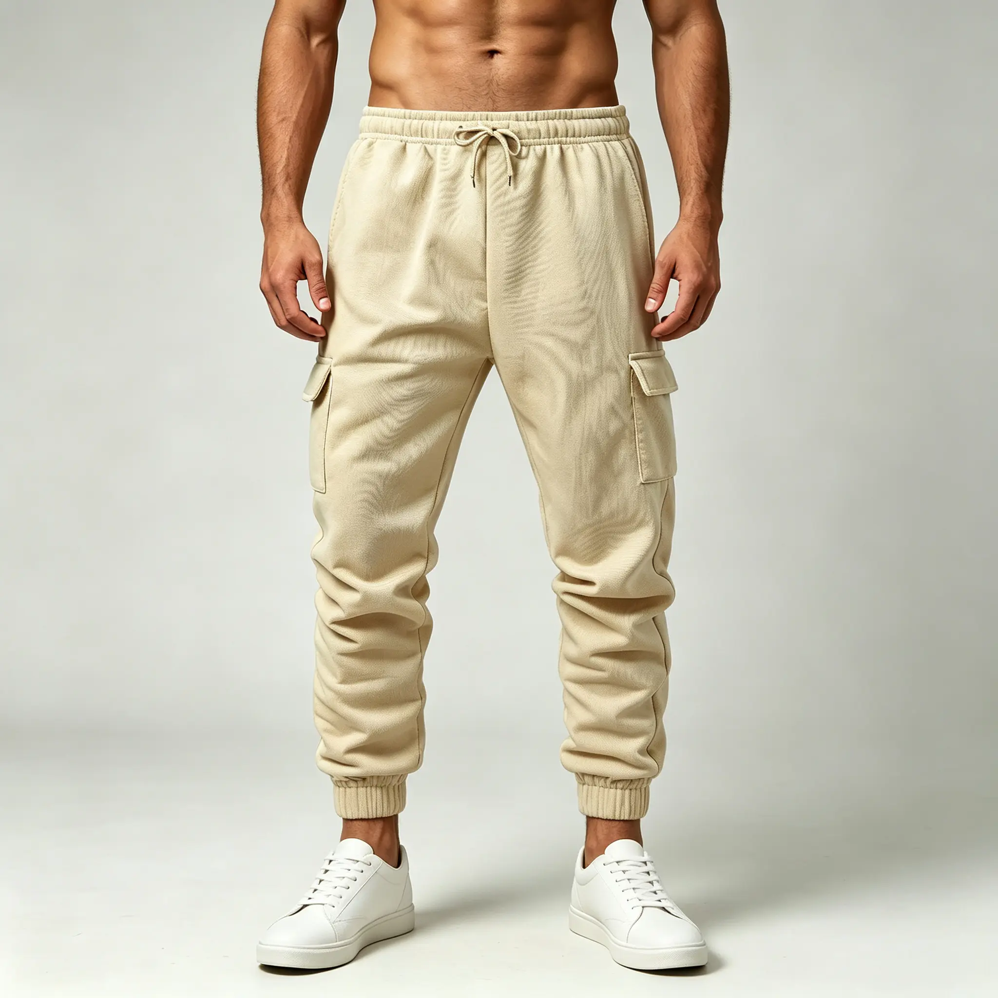 Men's Beige Autumn/Winter Loose-Fit Solid Casual Cargo Sweatpants, 3D Side Patch Pockets, Drawstring Elastic Waistband, Ribbed Cuffs