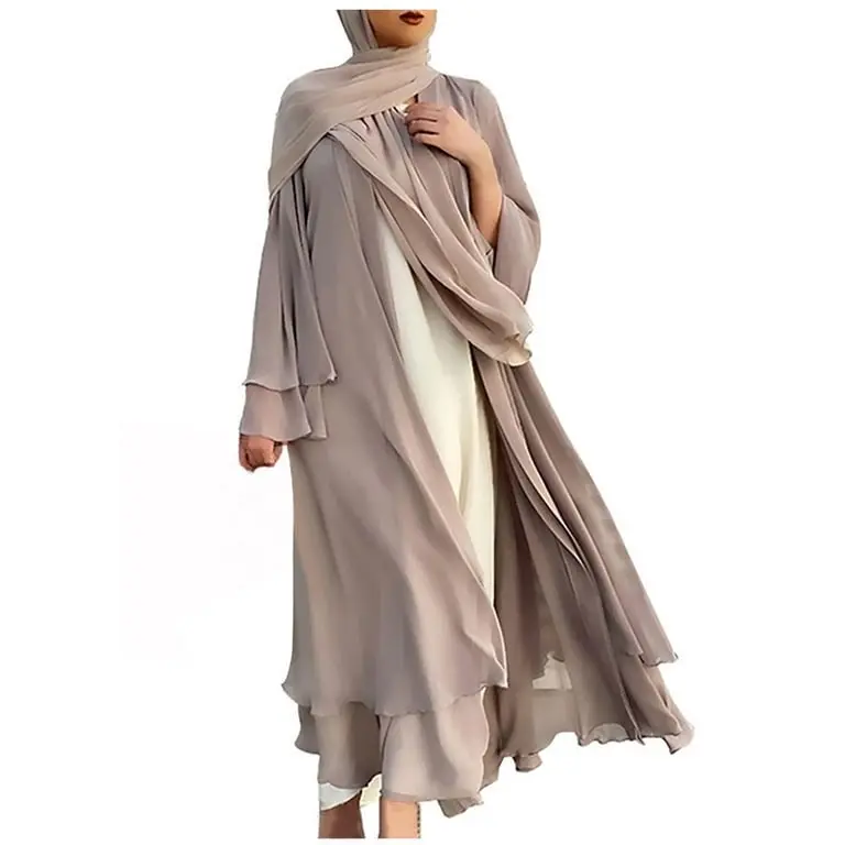 jsaierl Womens Muslim Open Front Chiffon Maxi Cardigan Abaya Robe Kaftan Loose Dress Head Wrap