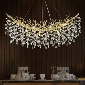 Modern K9 crystal lighting fixture, 47inch rectangular gold branch crystal chandelier, suitable for dining room, kitchen island, living room, and foyer.Features dimmable function