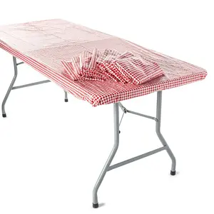 Bulk 12 Pc. 8 Ft. Red & White Gingham Rectangle Fitted Disposable Plastic Tablecloths