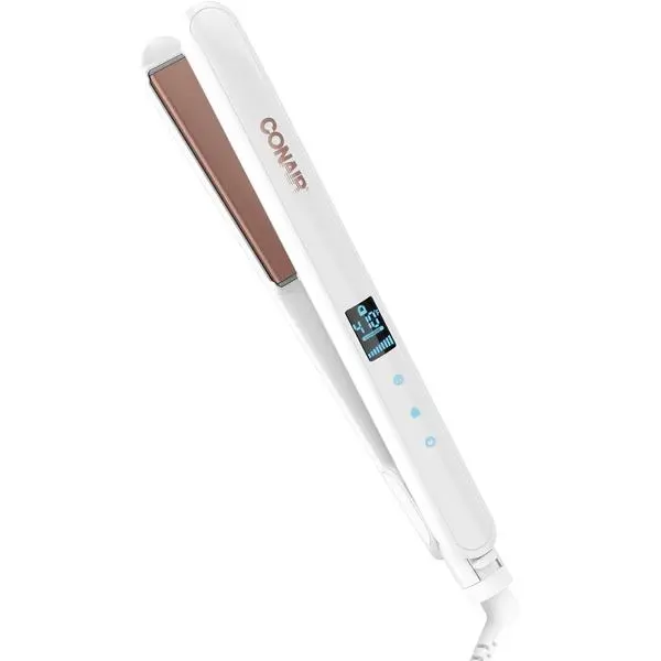 Conair Double Ceramic Flat Iron, 1-Inch Flat Iron, 5 Digital Temp Settings Up to 410°F, Extra-Long Plates, For All Hair Types and Textures, White
