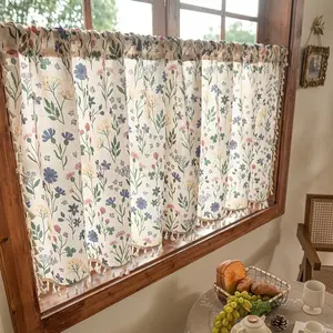 1pc Cute Romantic Floral Print Coffee Curtain, Living Room Kitchen Blackout Drapes, No Drill Short Curtain, Rod-Pass Through Small Curtains