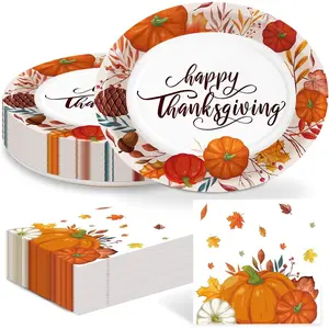 Thanksgiving Oval Paper Plates,10 x 12 Inch Happy Thanksgiving Plates with Napkins,Large Disposable Dinner Serving Platters for Autumn Fall Harvest Holiday Party Decor,25 Guest