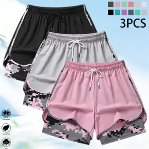 Women’s casual athletic pants 3-piece set, faux two-piece design, with inner lining, elastic drawstring waist, suitable for outdoor workouts, running, sports, and everyday casual wear; women’s shorts.summervibes