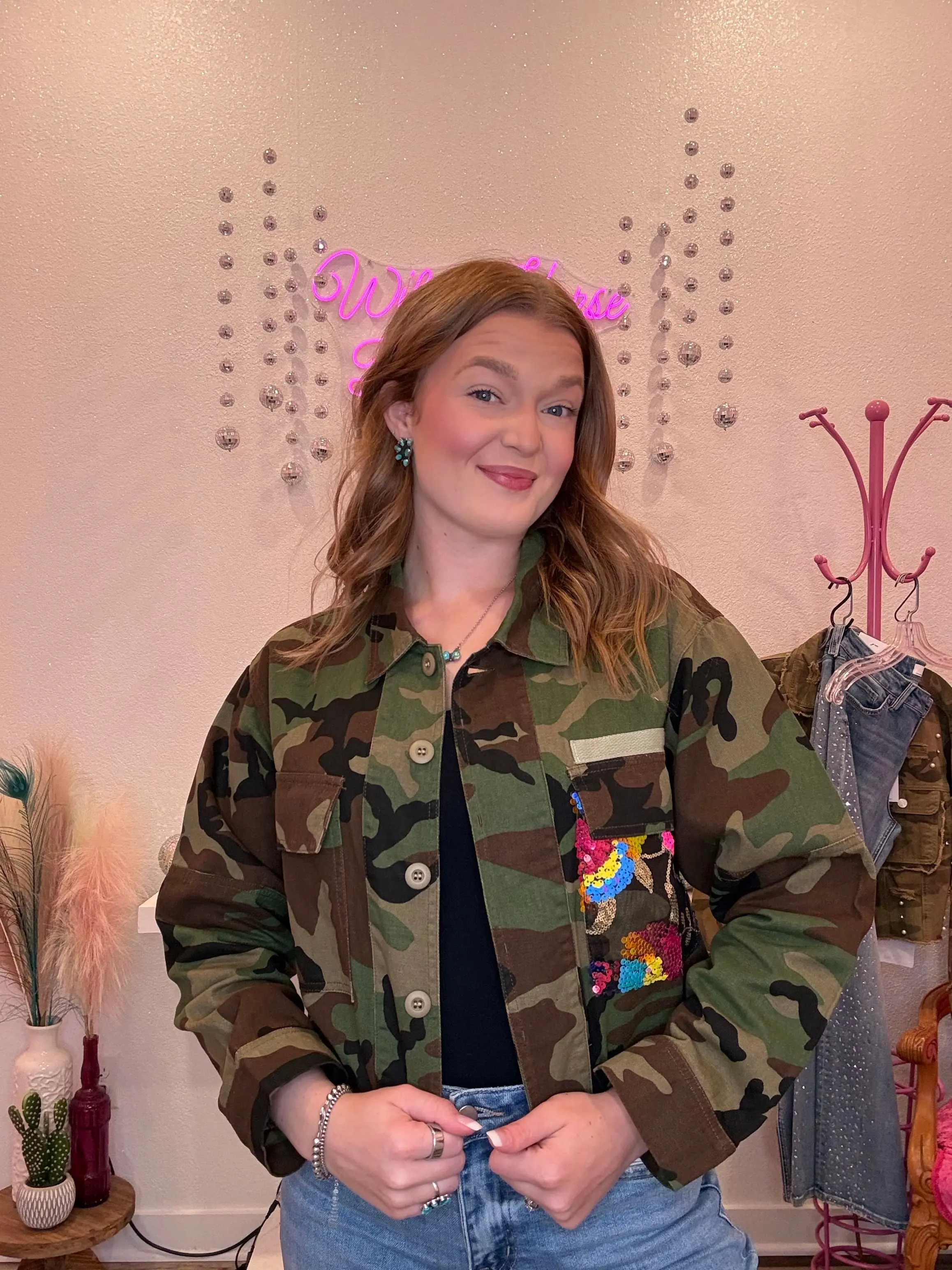Cropped Camo Jacket with Mesh Back & Flower Sequins