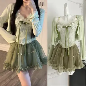 Casual French Elegant 3 Piece Sets Women Casual y2Crop Top + Corset Vest + Skirts Japanese Sweet 2000s American Vintage Suits