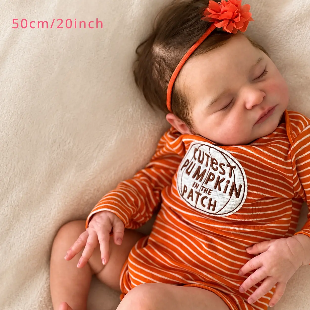 20inch Lifelike Reborn Baby Doll 50cm Realistic Sleeping Girl Doll with Soft Cloth Body Orange Striped Pumpkin Outfit Cute Newborn Gift for Kids, Soft Body Doll, Realistic Rebirth Doll