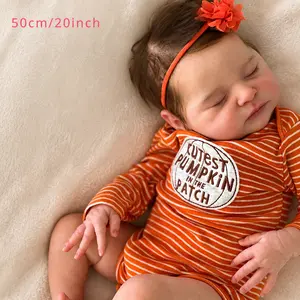20inch Lifelike Reborn Baby Doll 50cm Realistic Sleeping Girl Doll with Soft Cloth Body Orange Striped Pumpkin Outfit Cute Newborn Gift for Kids, Soft Body Doll, Realistic Rebirth Doll