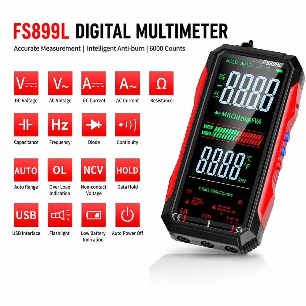 FS899L 6000 Counts True RMS Multimeter USB C Rechargeable Backlit NCV Auto Range CZDANG