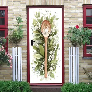 2pcs Wooden Spoon with Green Leaves and White Flowers Wall Sticker Self Adhesive Removable Eco Friendly Material Kitchen Dining Room Decoration Nordic Style Living Room Bedroom Background Wall Art Deco