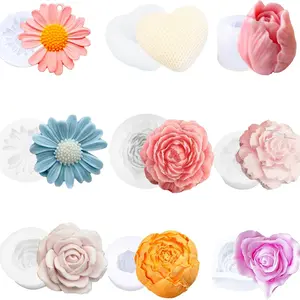 9 Piece Floral Candle Molds DIY Heart Daisy Peony Carnation Rose Tulip Handmade Silicone Flower Shape Resin Drip Gift Making Tool
