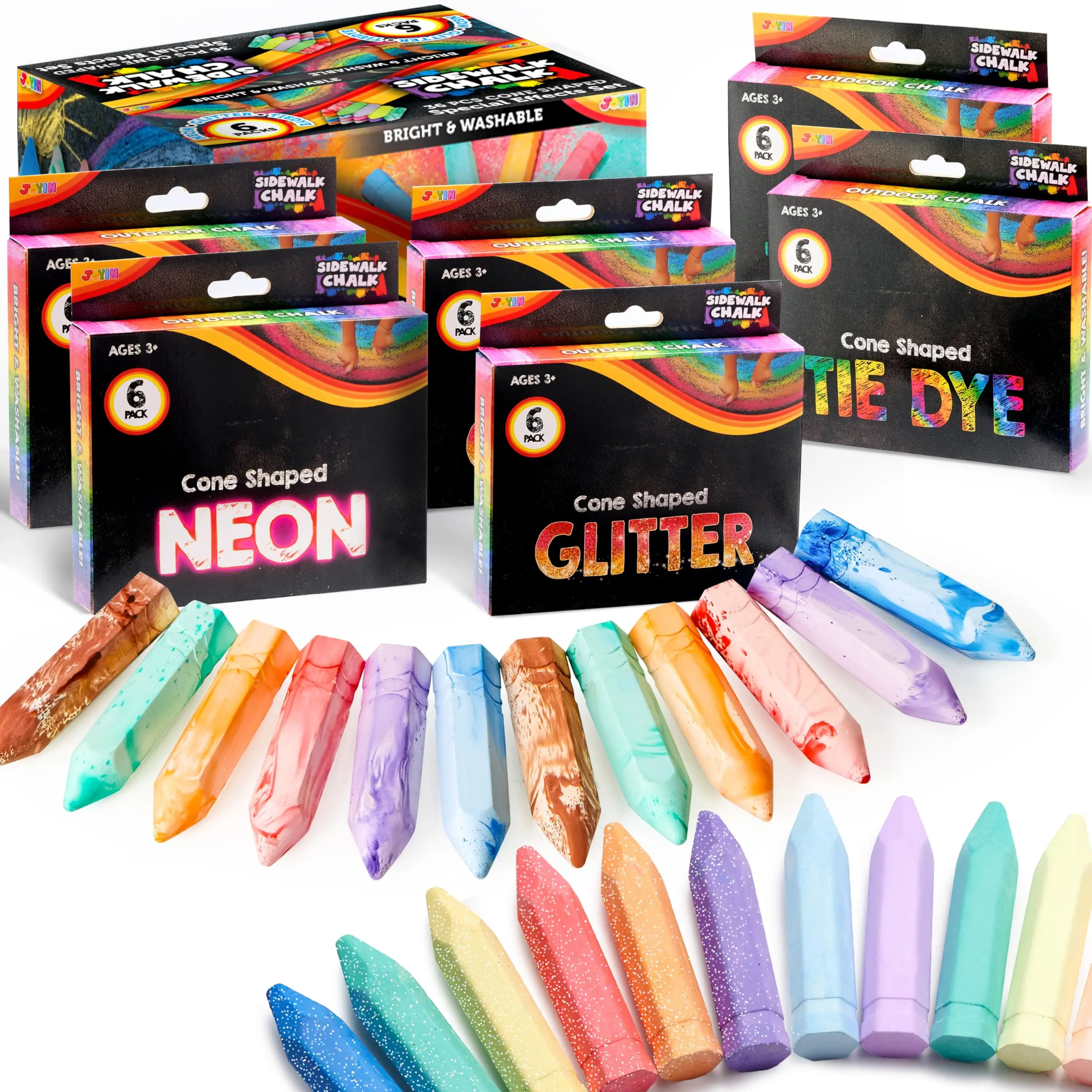 JOYIN 36-Count Washable Sidewalk Chalk Set, 6-Count, 18 Colors, Including 12 Tie-Dye, 12 Glitter, and 12 Neon Outdoor Chalks for Drawing, Kids Gift