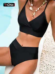 Women's Sexy Sleeveless High-Waisted Bikini Set, V-Neck Plain Design, Adjustable Straps, Summer Beachwear Fashion Swimsuit, Swimsuit Style, Bikinis Set, High Waisted Swimsuits, Swimsuit For Beach
