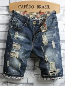 2026 Men's Patched Ripped Denim Shorts, Casual Ripped Shorts, Street Fashion Zipper Fly Pocket Denim Shorts for Summer, Fashion Men's Bottoms for Daily Wear