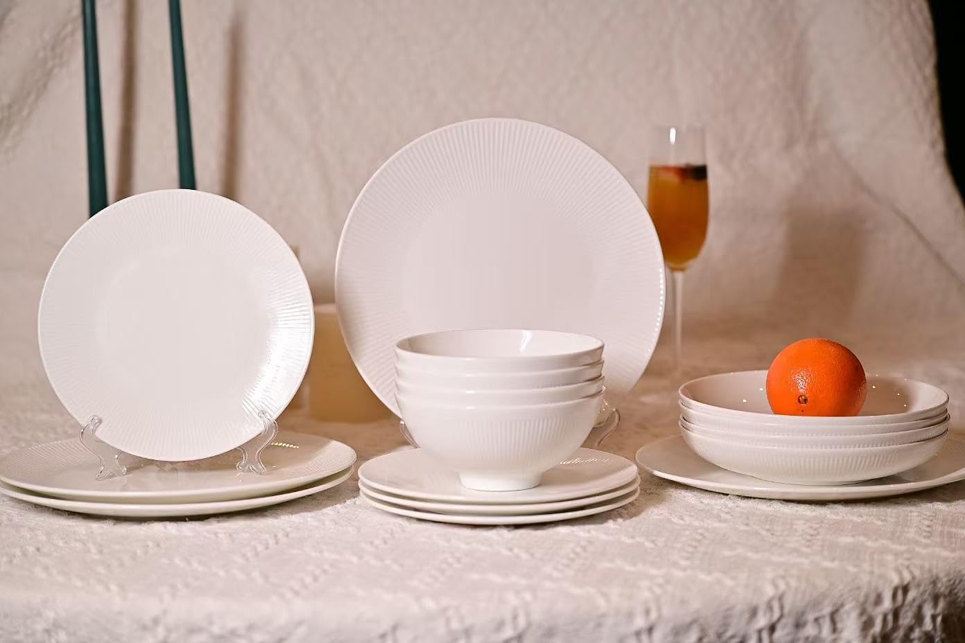 Dandilion Bone China Dinnerware Set, 16 Pieces, Service For 4, Plates, Dishes, Bowls Set, Microwave And Dishwasher Safe, Ivory White With Radial Lines