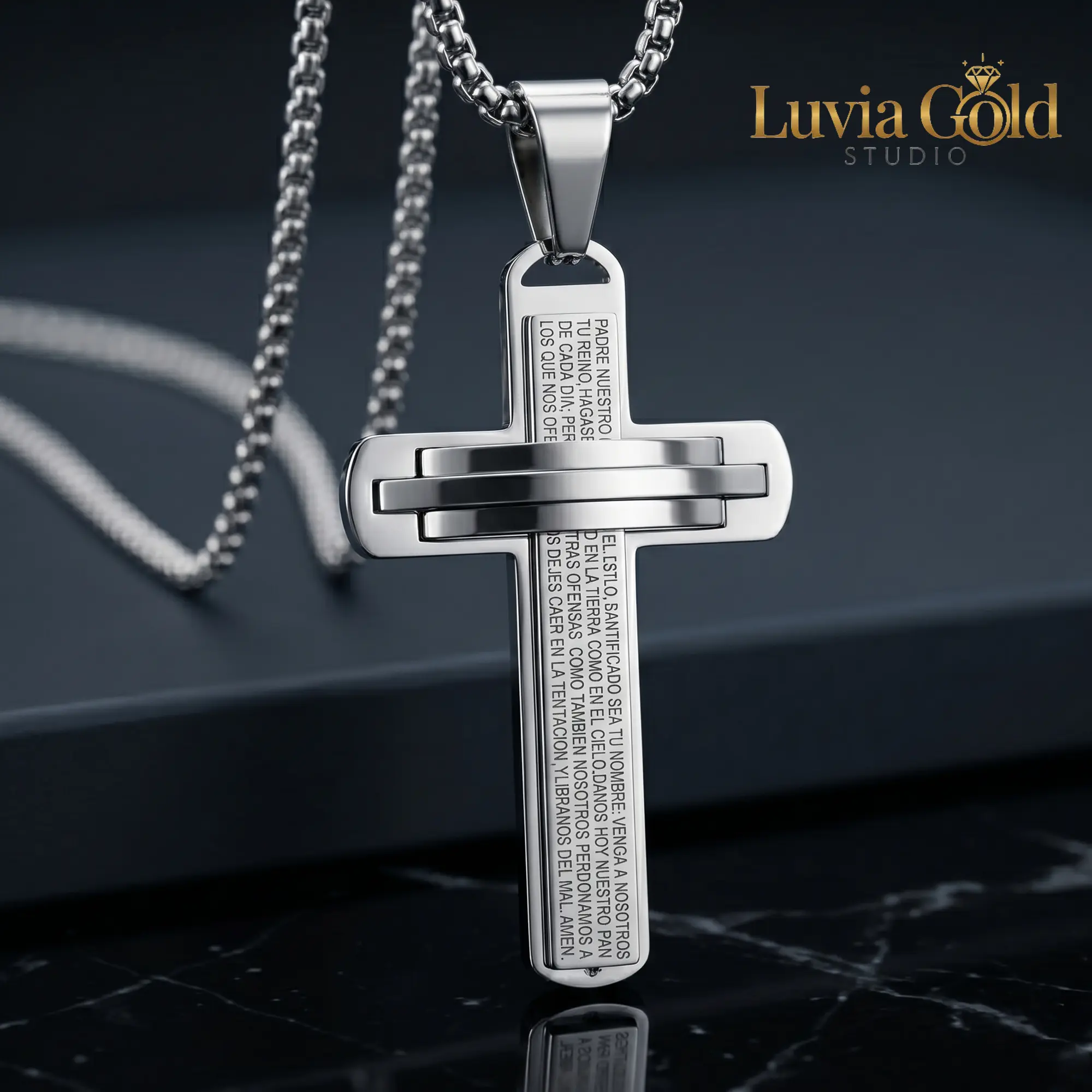 Rugged Men's Cross Necklace - Bold 3D Stainless Steel Pendant with Spanish Lord's Prayer, Waterproof Catholic Faith Jewelry with 24" Venetian Box Chain, Bold Cross Design, Cross Chain Design
