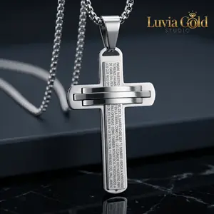 Men's Heavy Duty 3-Layer Welded Stainless Steel Cross Necklace, Spanish Lord's Prayer Padre Nuestro Pendant, Premium Venetian Box Chain, Rugged Christian Catholic Faith Jewelry, Waterproof Never Fade Gift for Husband Son Father's Day