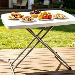 30 Inch Outdoor Folding Table  White Mini Small Desk Adjustable Height TV Tray for Laptop, Couch, Camping - Heavy Duty Utility Foldable Table for Small Spaces, No Assembly Required, White Granite