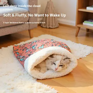 Ozy Cat Cave Bed Cozy Enclosed Sleeping Bag for Kittens & Small Dogs Machine Washable Soft Lamb Fleece Windproof Warmth Locking Pocket Style Winter Cotton Half-Enclosed All-Season