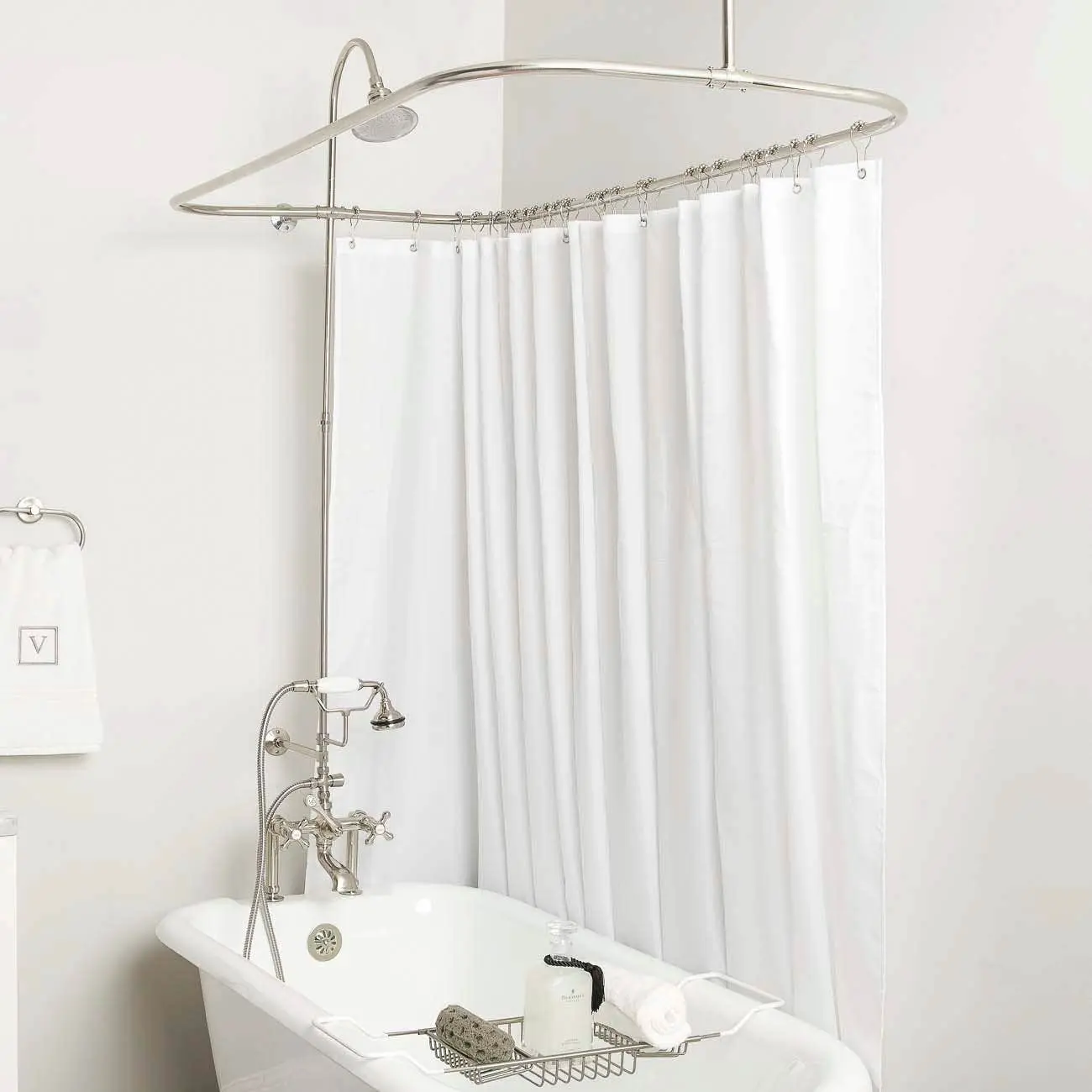 Mason Hill 54-Inch Clawfoot Tub Deck Mount Shower Enclosure - Solid Brass Single-Hole Deck Mount Kit, Brushed Nickel Shower Head Ensemble with Faucet, Watering Can Design for Relaxing Use, Includes Everything