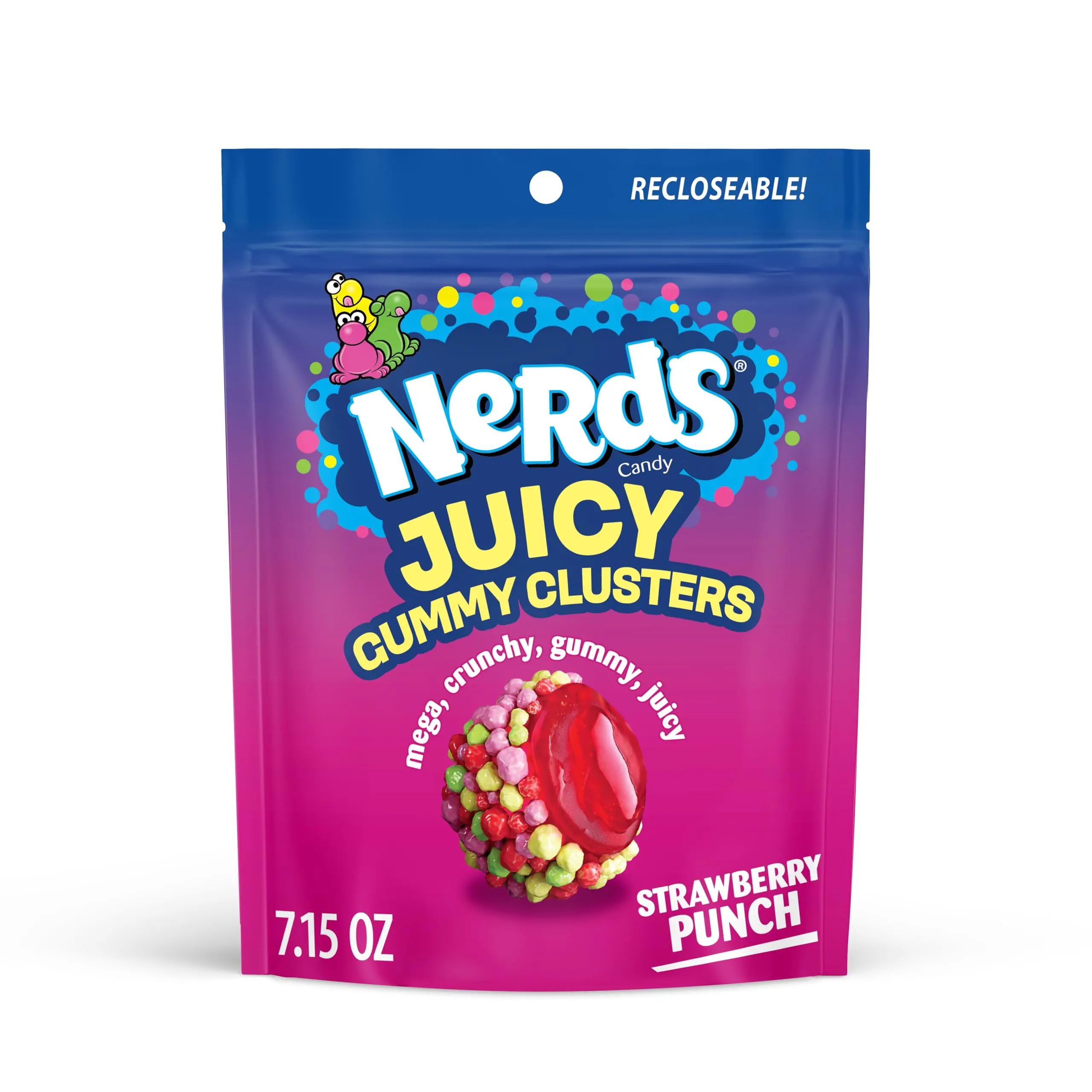 Strawberry Punch Flavor Chewy Tangy Sweet Candies - Soft Gummy Clusters with Crunchy Shell Texture, Bite-Size Party Snacks for Sharing, 7.2 oz Freshness-Maintaining Bag
