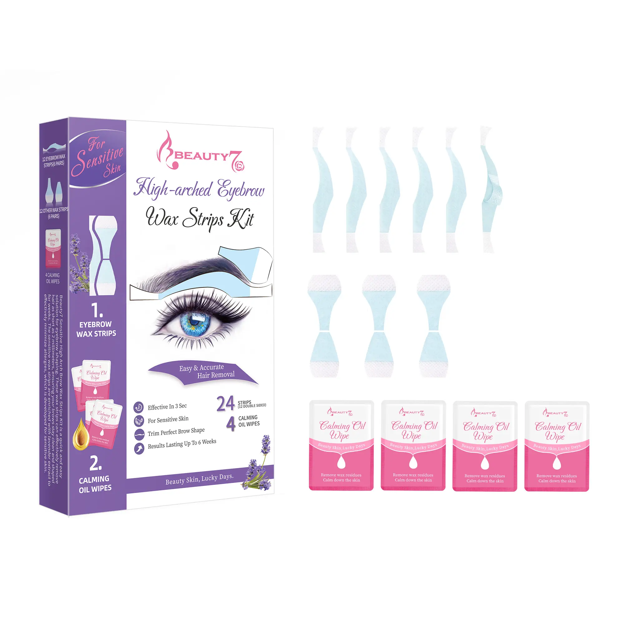Beauty7 Eyebrow Wax Strips, High Arched Botanical Kit for Facial Hair Removal, 24 Double-Sided Strips for Women, Includes 4 Calming Wipes, Sensitive Skin, Lavender Botanicals, Wait 3 Sec, Includes 4 Wipes, All Skin Types, Gentle, Soft Wax Waxing