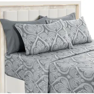 Soft Wrinkle-Free Microfiber Paisley Queen Sheet Set, Cute Floral Pattern Boho Print – 16" Deep Fitted Sheet, Flat Sheet & 4 Pillowcases, Breathable, OEKO-TEX - Grey