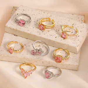 Adjustable Square Garnet Ring-Precision Set Open Band Statement Ring Gold Plated Minimalist Stackable Jewelry for Women