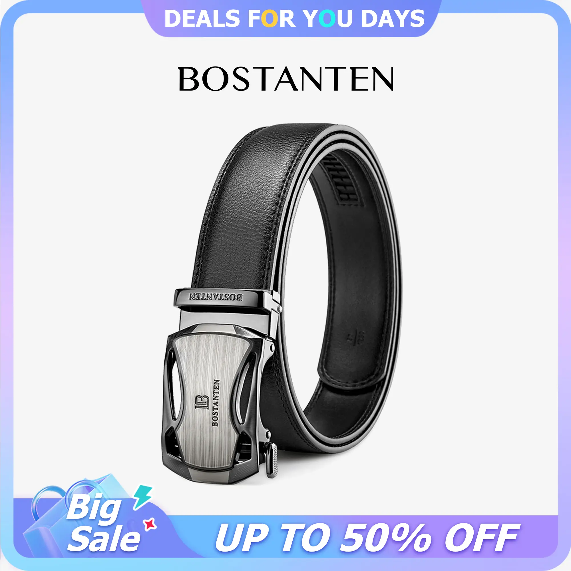 BOSTANTEN Cow Hide Belt for Men - Easy-Release Ratchet Buckle, Trim-to-Fit Textured Adjustable Bands, Men's Accessories for Dress & Casual Use, Ideal Gift Option, Belts