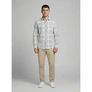 The Showfine Men's Grey and White Plaid Long-Sleeve Button-Down Shirt